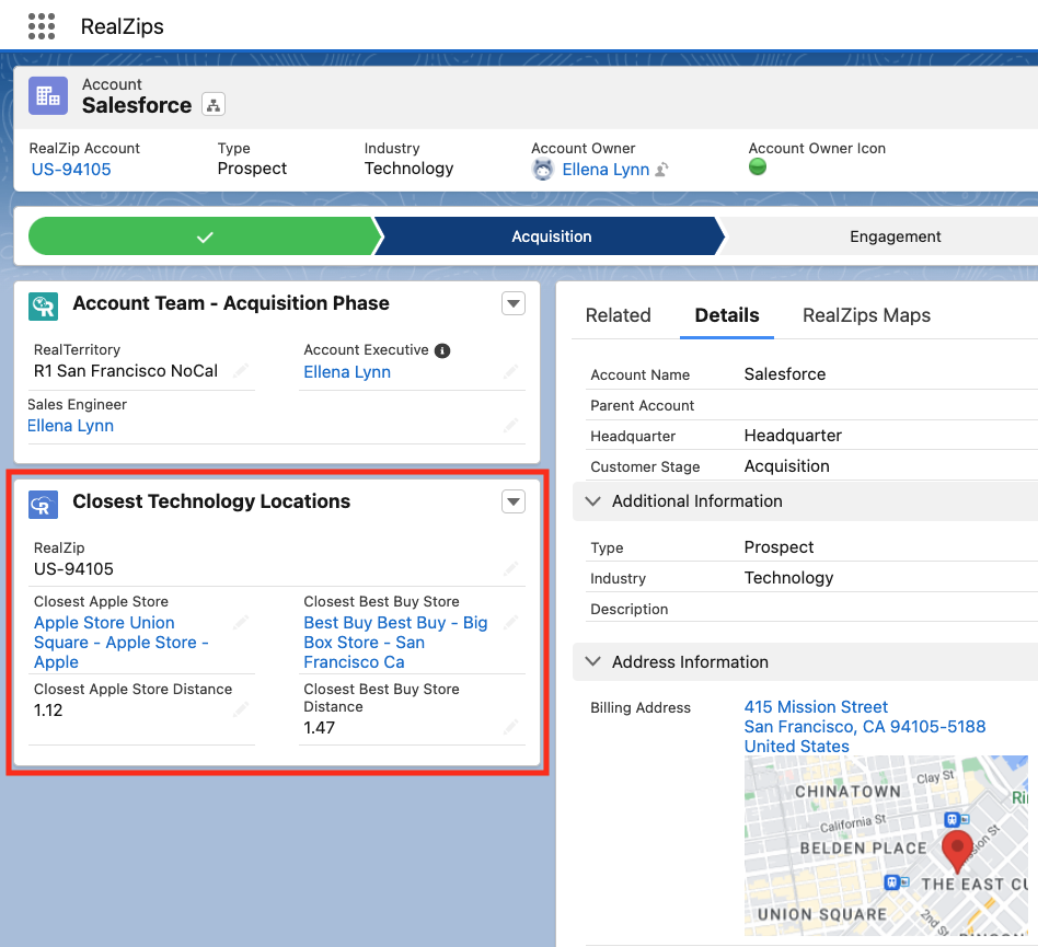 Closest Locations, automatically displayed on Salesforce Account page, using the Salesforce Lightning experience.