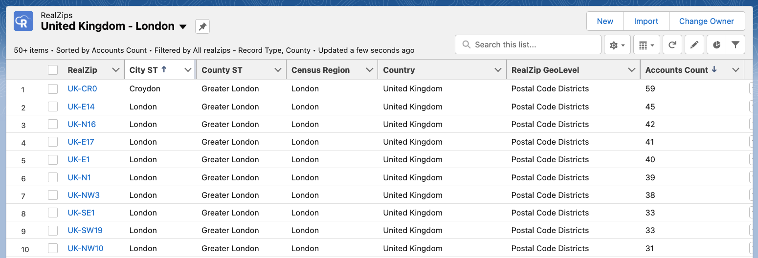 Global territory management in salesforce example, showing postal code-based territory management across London, UK.