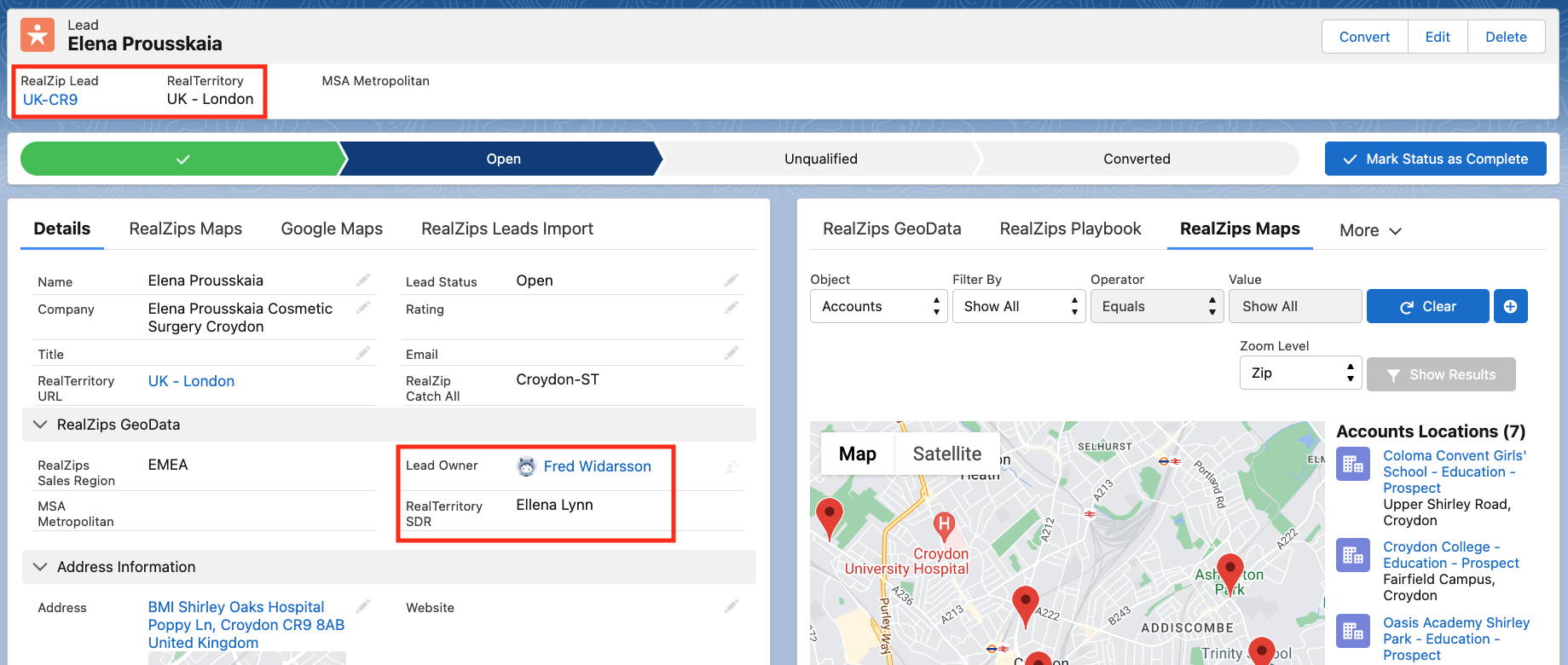 Global territory management in Salesforce example, with automatic lead routing for a lead in Croydon, UK.